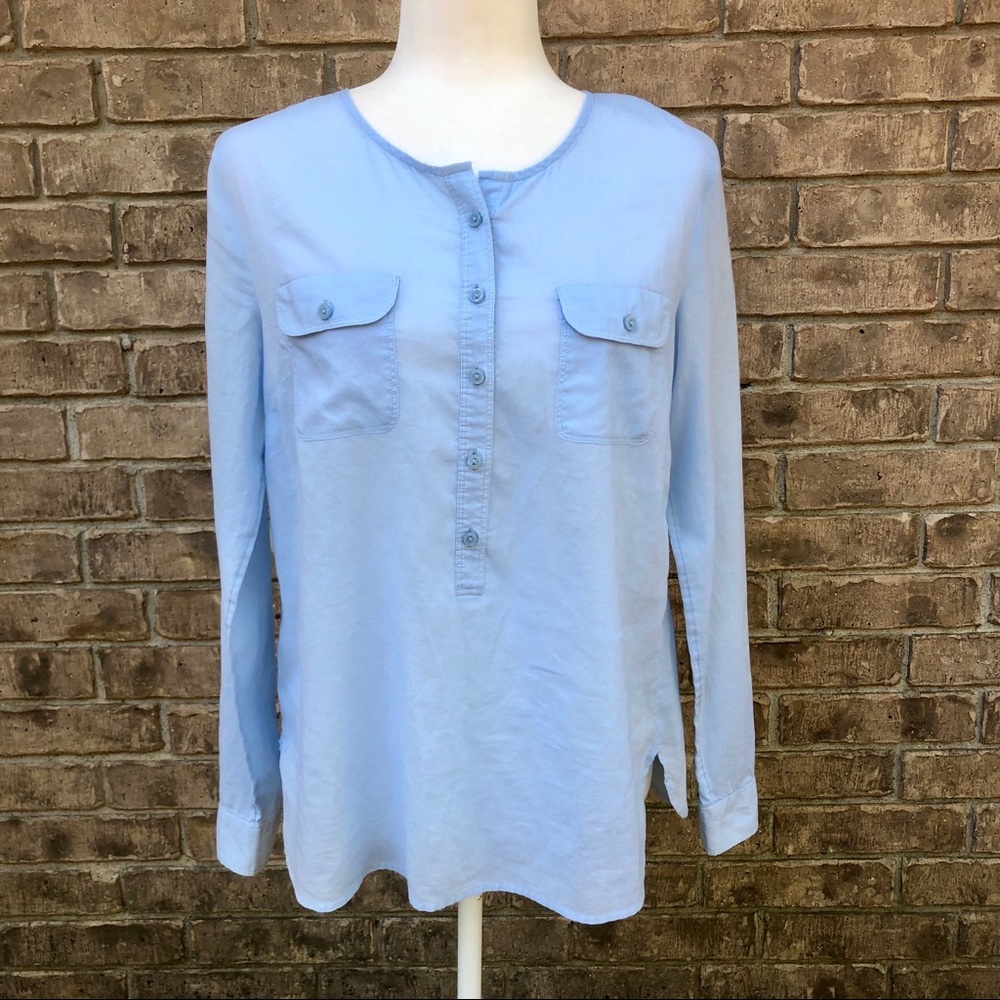 LOFT: baby blue cotton half button up top